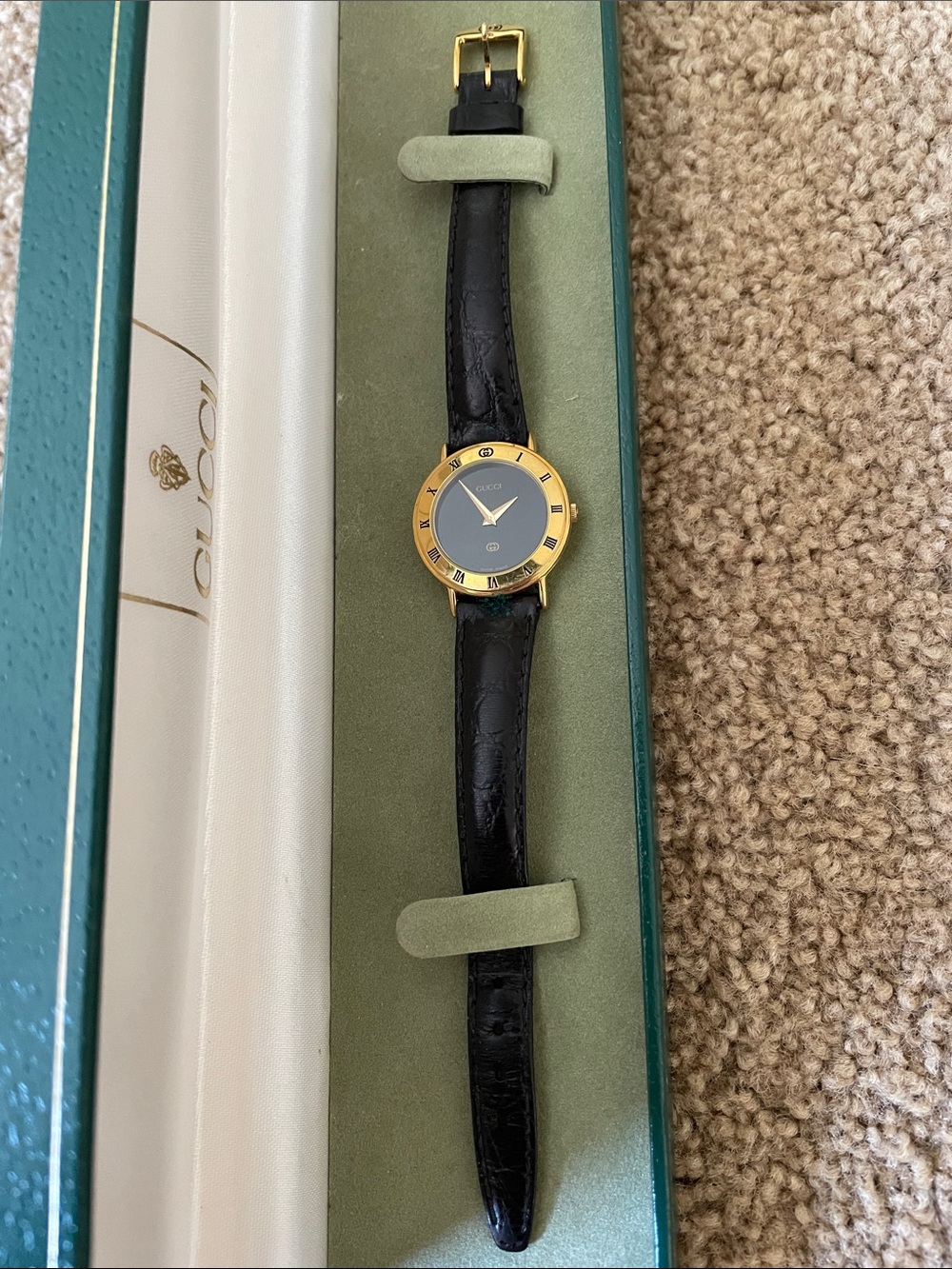Gucci 3000L Black Leather Strap Watch with Gold-Tone Bezel